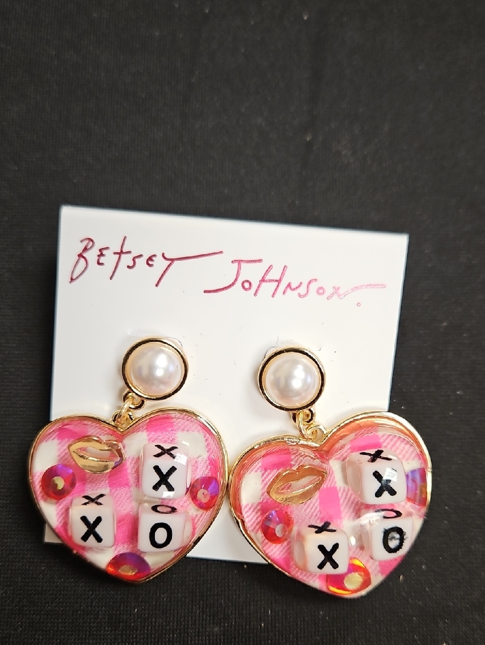 Betsey Johnson Pink Heart XOXO Dangle Earrings with Pearl Studs